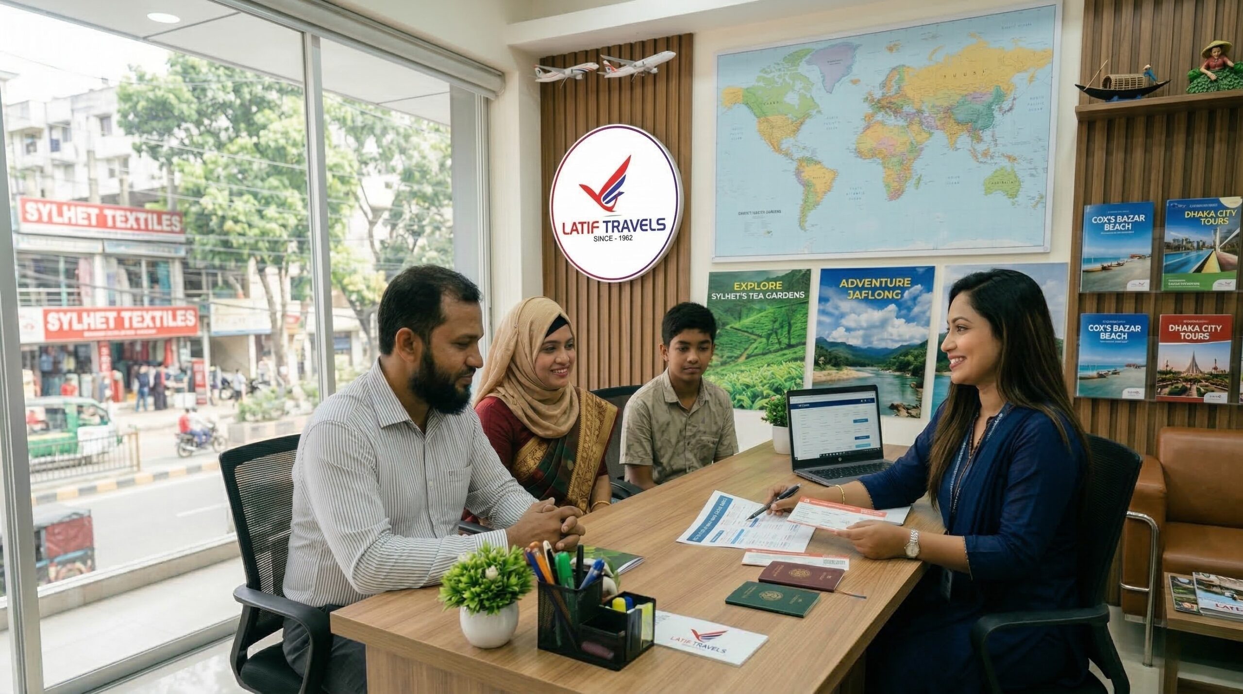 Travel agency consultation in Sylhet helping travelers plan flights and travel services