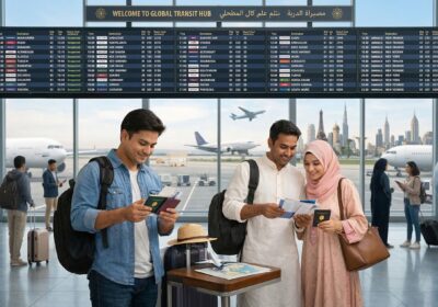 Travel guideline from Sylhet showing travelers preparing documents at airport for international travel