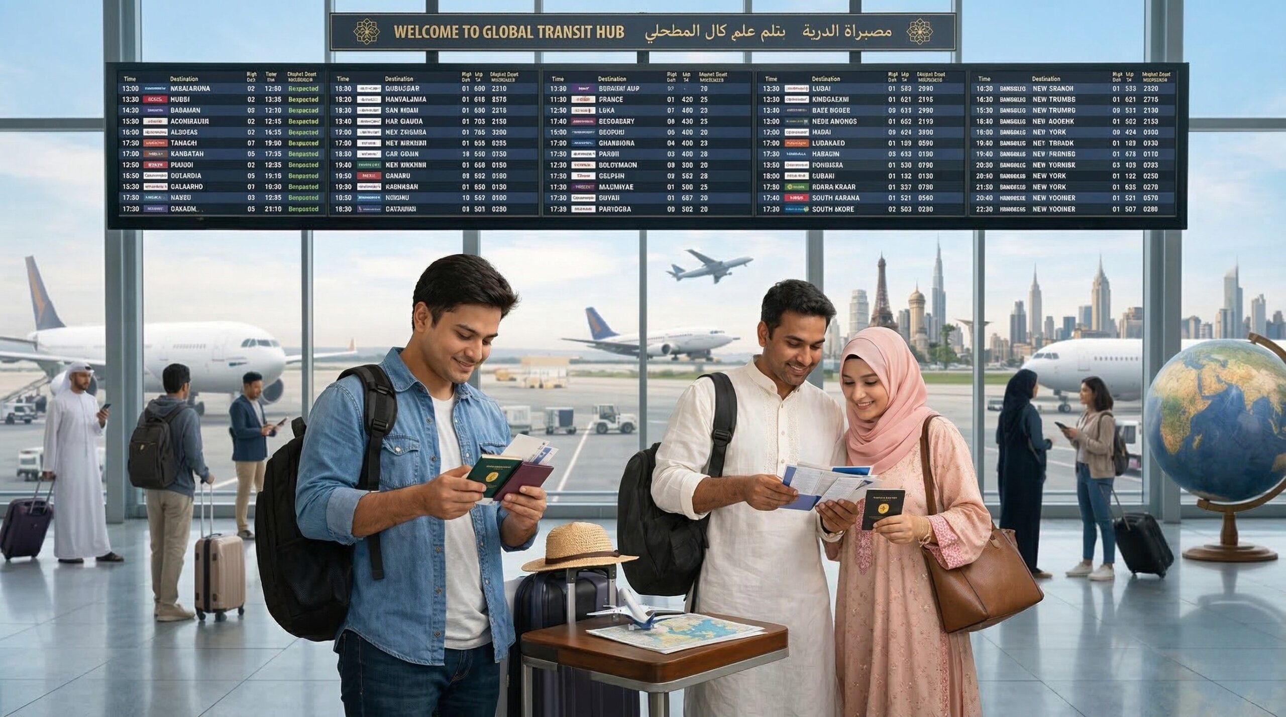 Travel guideline from Sylhet showing travelers preparing documents at airport for international travel