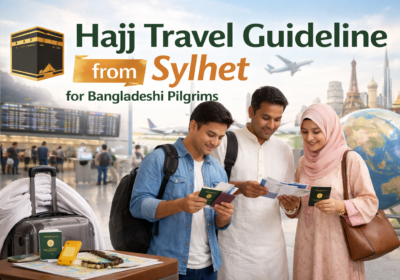 Bangladeshi Hajj pilgrims preparing travel documents at Sylhet airport before departure to Saudi Arabia